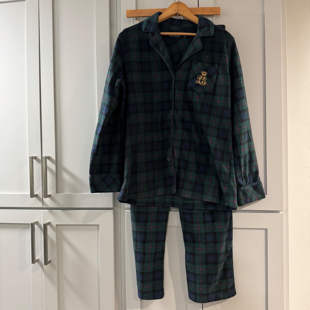 Lauren Ralph Lauren Womens Blue Green‎ Plaid Fleece Pajama Set Medium Crest Logo